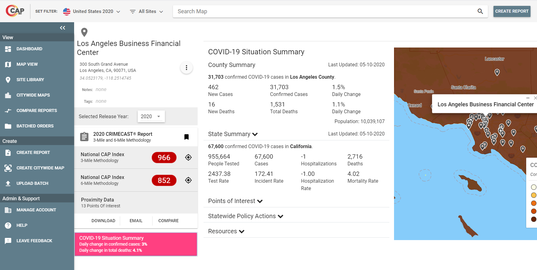 Screenshot of COVID-19 Situation Summary in CAP Index CRIMECAST System