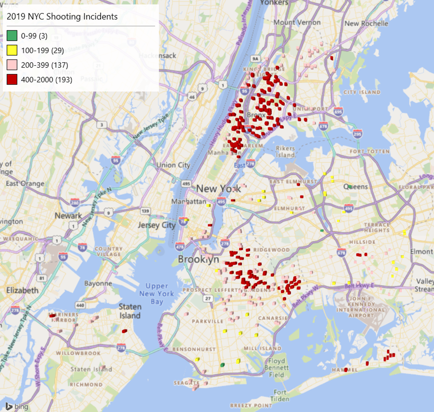2019 Map of NYC Shootings by CAP Score