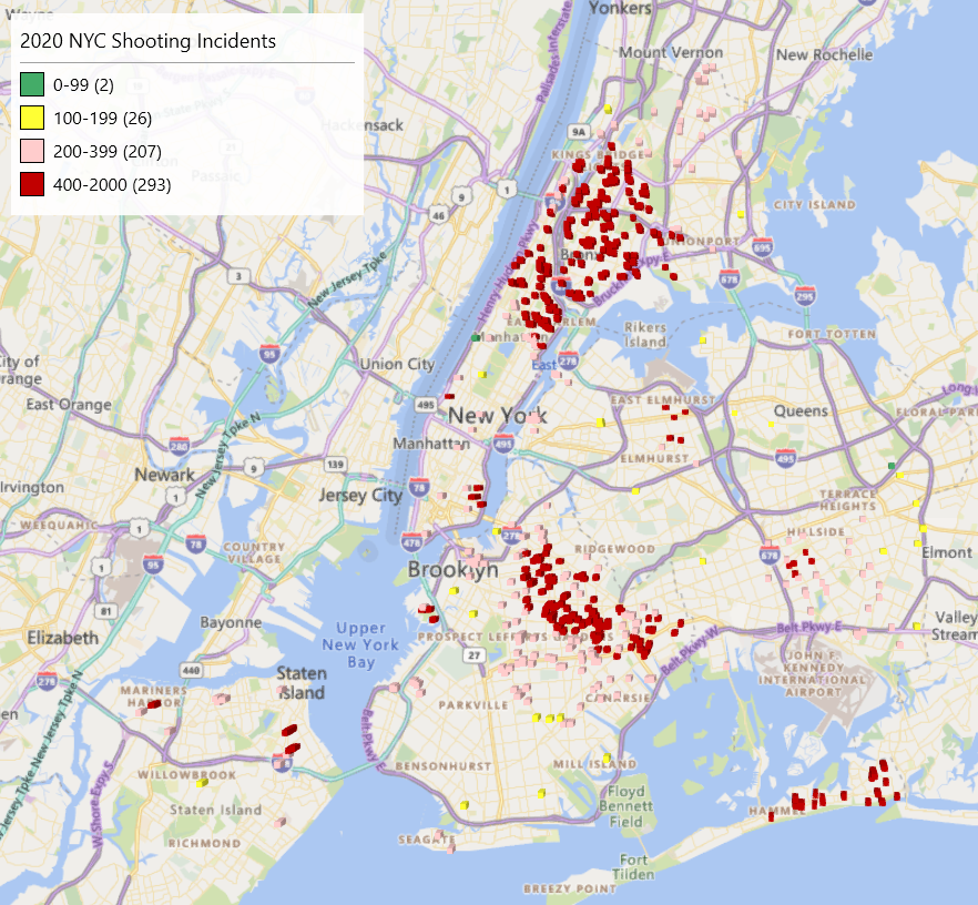 2020 Map of NYC Shootings by CAP Score