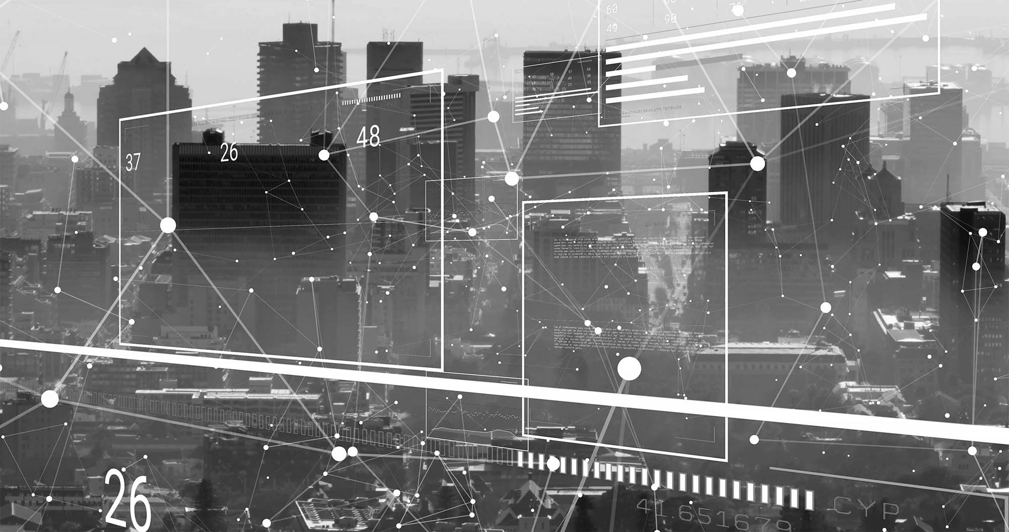 A black and white cityscape with skyscrapers overlaid with interconnected data points, lines, and numerical graphics, representing research and innovation